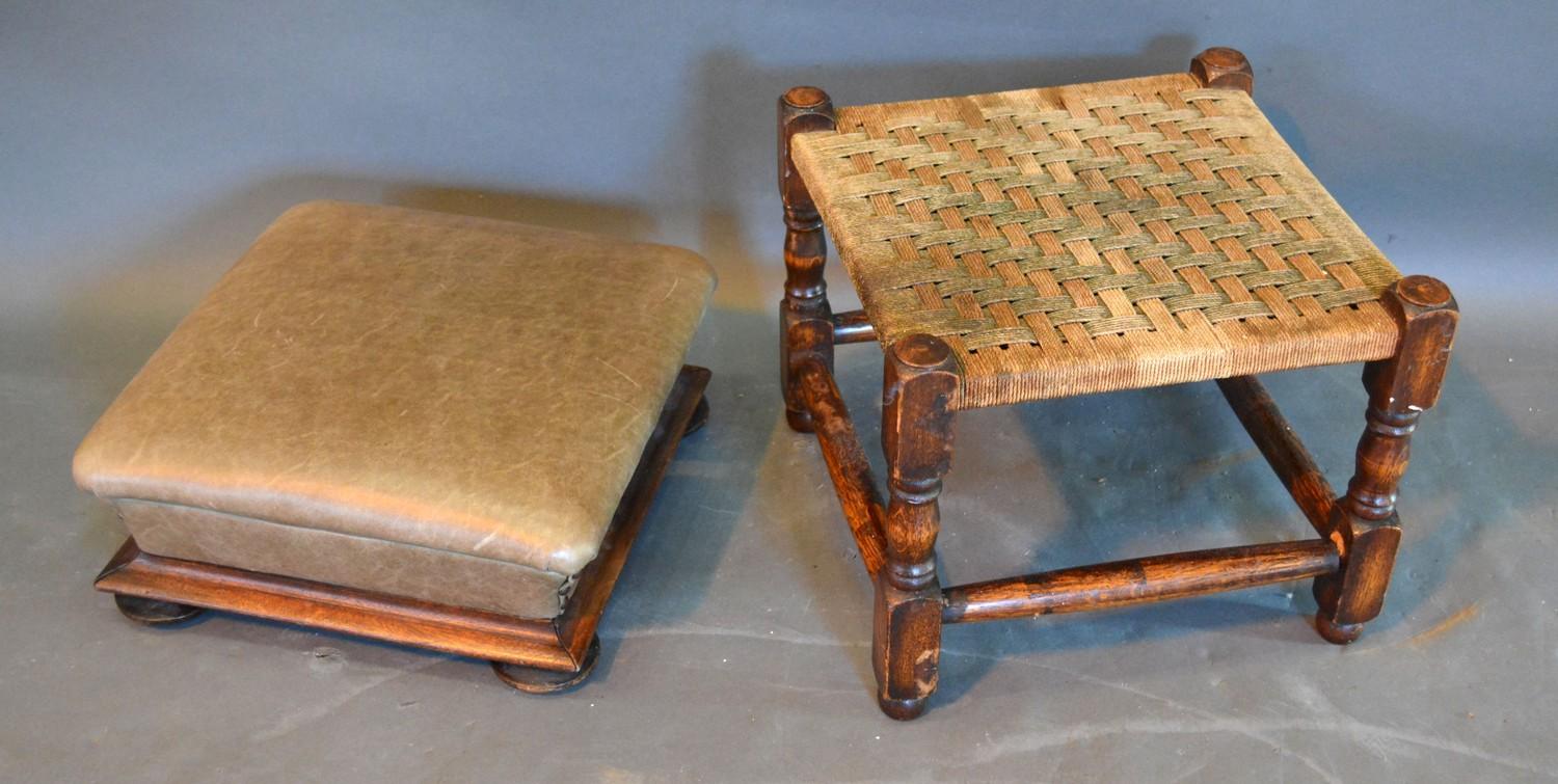 A Victorian Leather Upholstered Foot Stool of Square Form together with another stool