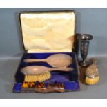 A Birmingham Silver Backed Three Piece Dressing Table Set within fitted case together with a