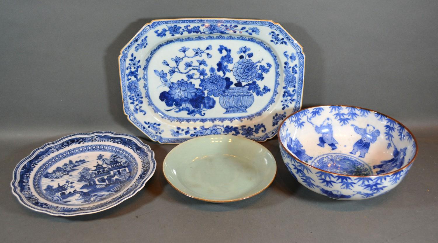 A 19th Century Chinese Underglaze Blue Decorated Octagonal Dish together with three other related