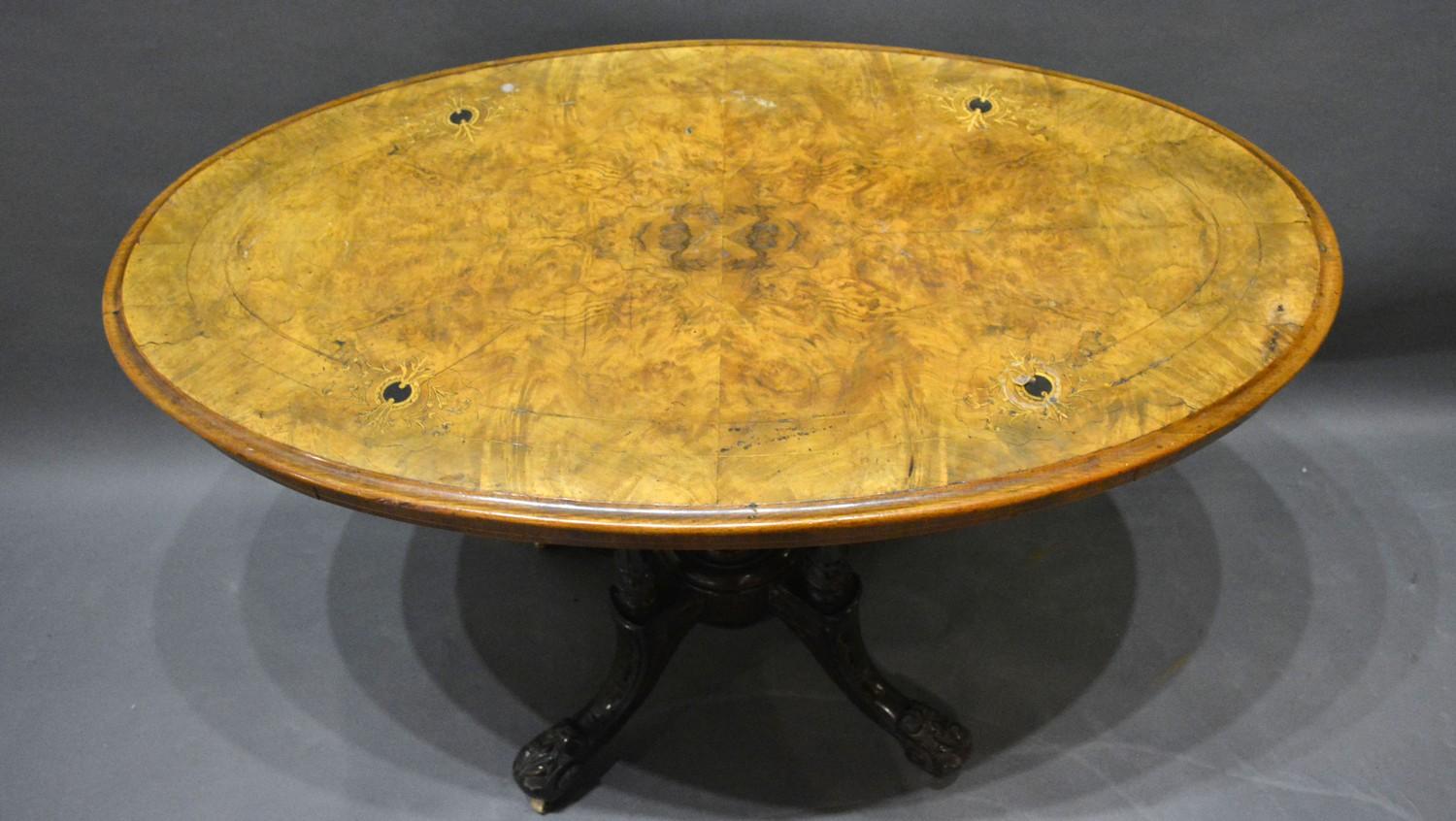 A Victorian Burr Walnut and Marquetry Inlaid Oval Centre Table, the inlaid moulded top above - Image 2 of 2