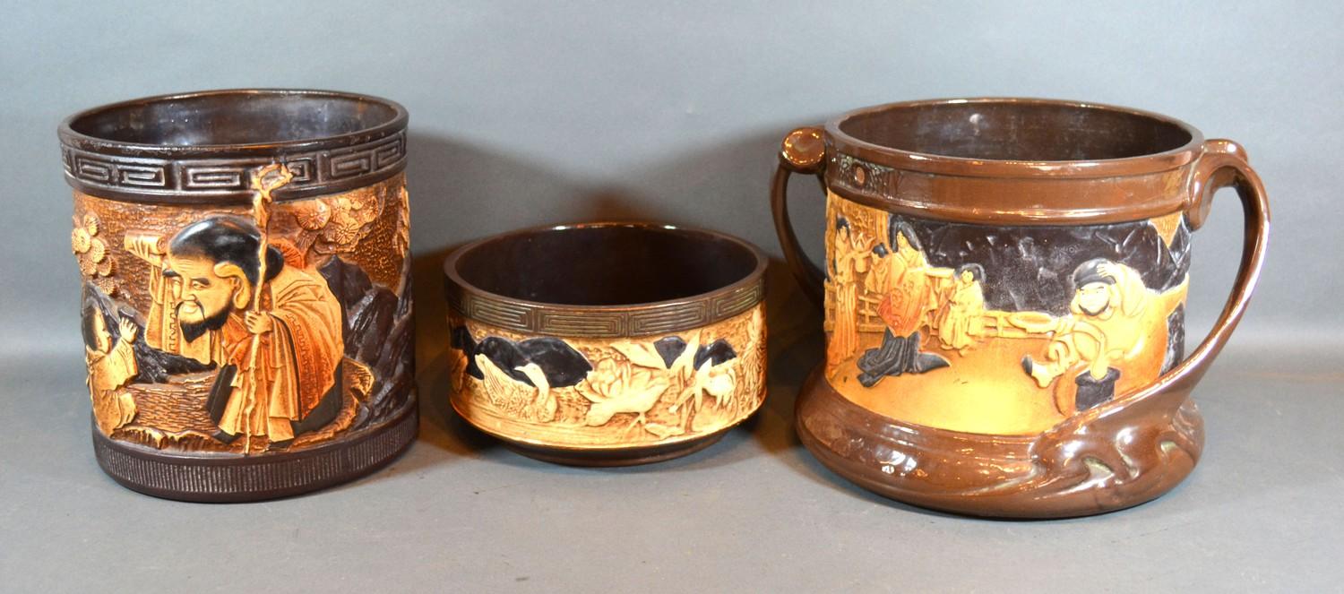 A Bretby Pottery Two Handled Jardiniere in the Japanese Style 20 cms tall together with another