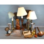 A Mahogany Table Lamp together with two other similar table lamps and various other items