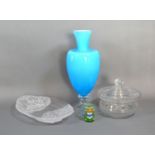 A Blue Glass Oviform Vase with stepped base, 26cm tall, together with a French art glass dish, a