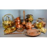 A Collection of Copper and Brass Wares to include a spirit kettle and related items