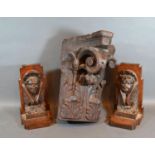 An Early Carved Oak Corner Bracket together with a pair of similar carved oak bookends