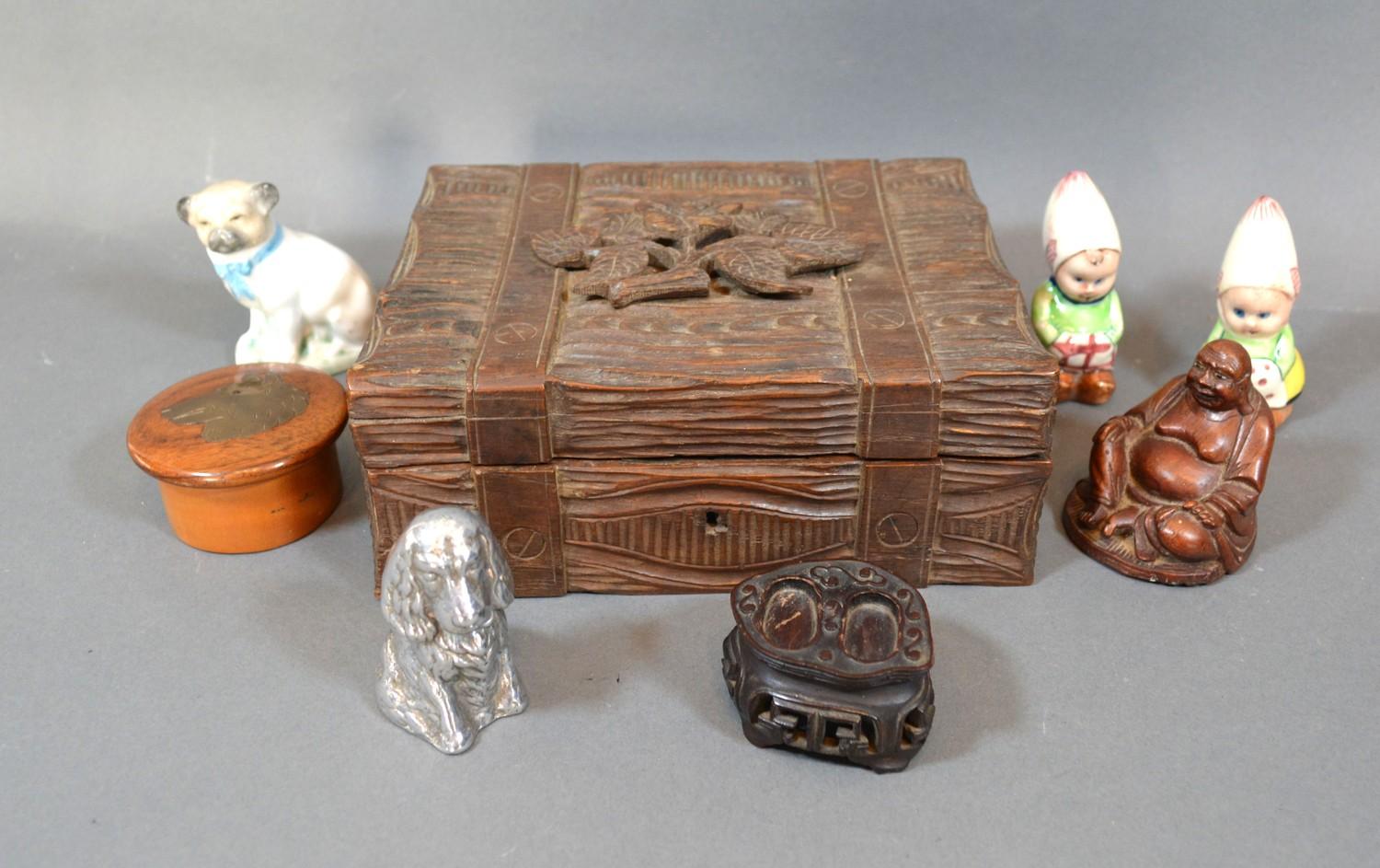 A Black Forest Jewellery Box together with other items to include a wooden model of Buddha