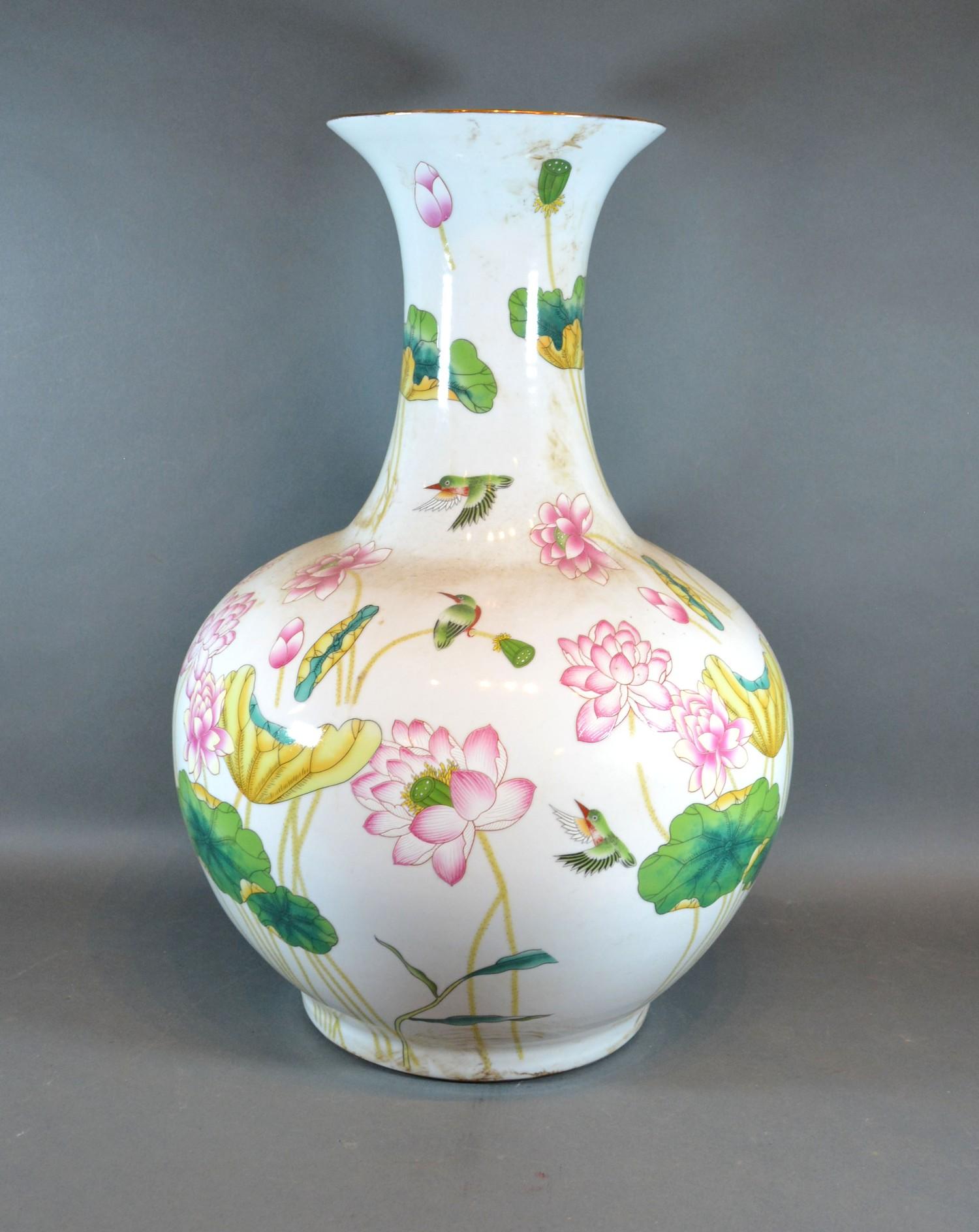 A Chinese Bottleneck Large Vase decorated with Exotic Birds amongst Foliage, red seal mark to