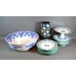 A Victorian Dessert Service together with an underglaze blue decorated bowl and a pedestal vase