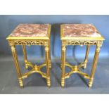 A Pair of French Style Gilded Lamp Tables of square form, the rouge marble tops above a carved