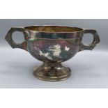 A Birmingham Silver Two Handled Trophy Cup bearing signatures, 21 ozs., 15 cms tall