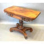 A William IV Mahogany Card Table, the hinged top enclosing a baise lined interior above a shaped and