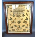 A Victorian Woolwork Sampler, by Jane Langley dated 1842, 37 x 29cms