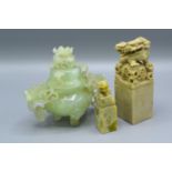 A Chinese Jade Covered Koro 11 cms tall together with two Chinese soap stone seals