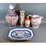 A 19th Century Imari Covered Vase together with a Lustre Ware Jug, two vases and a blue and white