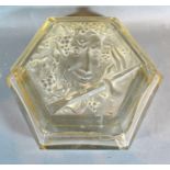 A Large Hexagonal Art Deco Cut Glass Dressing Table Box, the top decorated with a lady's head