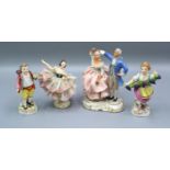 A Pair of Dresden Porcelain Figures together with two similar Dresden figures with crinoline