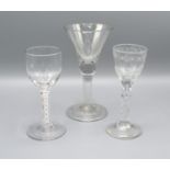 An Early Engraved Cordial Glass with cut glass stem together with another similar with air twist