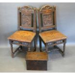 A Pair of Victorian Carved Oak Side Chairs together with a 19th Century oak bible box