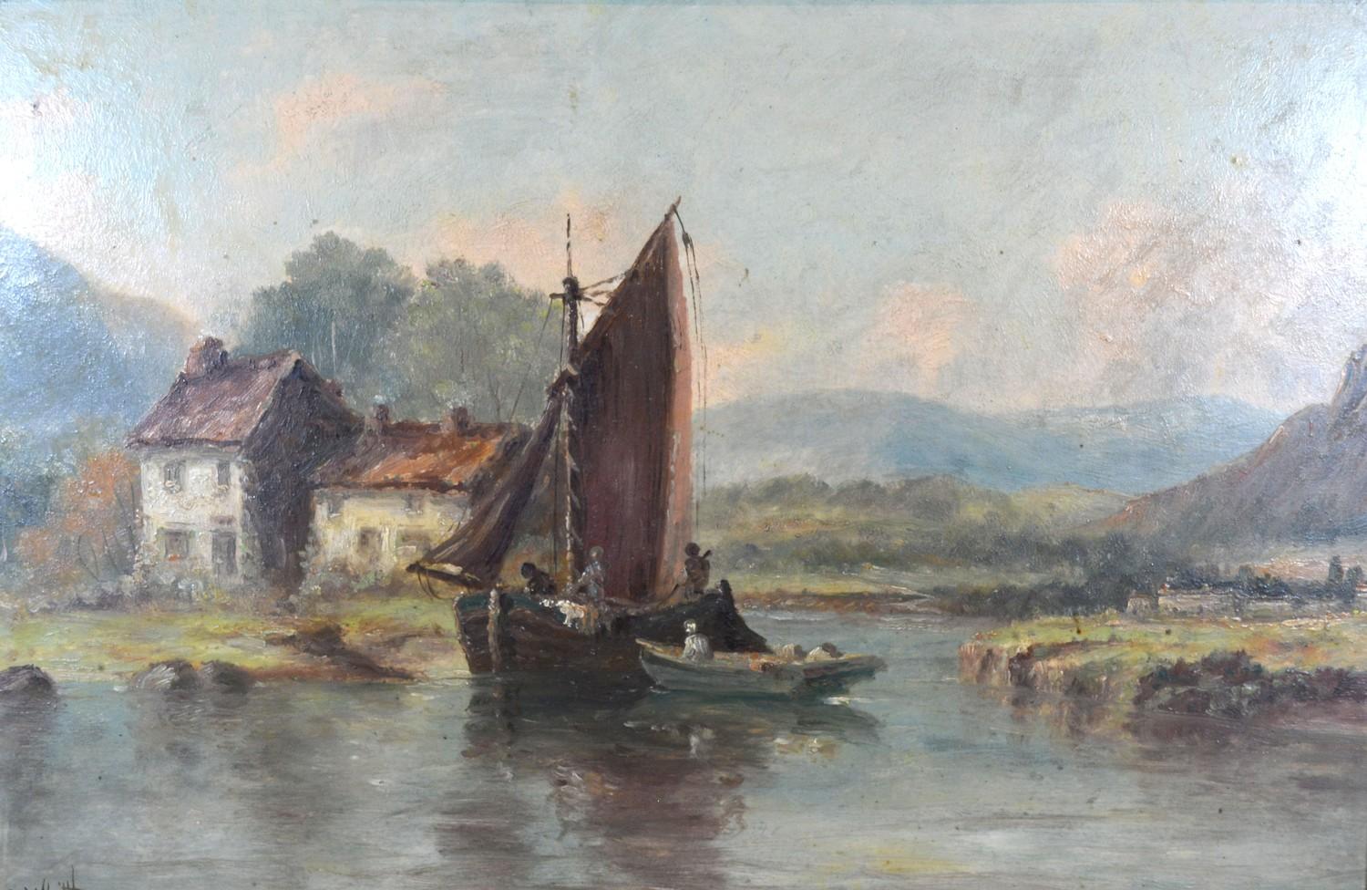 Harry Armstrong Whittle 'River Scene with Fishing Barge' oil on board, signed, 29 x 45 cms