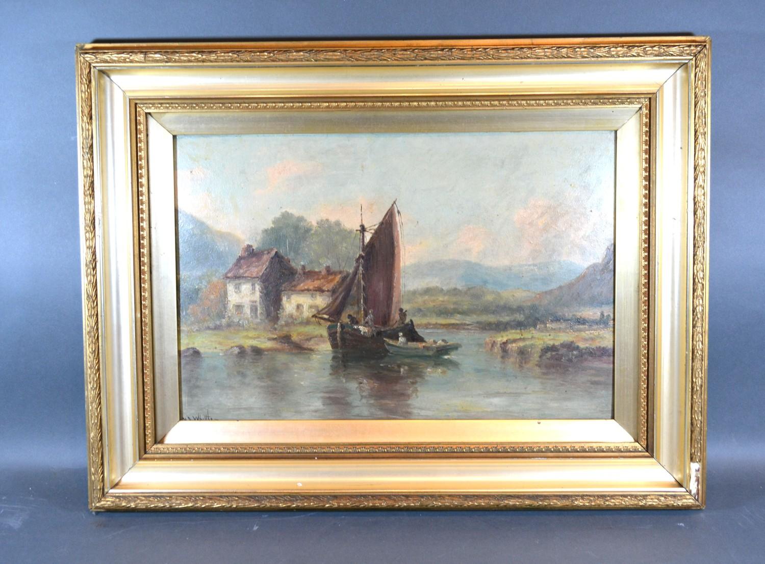 Harry Armstrong Whittle 'River Scene with Fishing Barge' oil on board, signed, 29 x 45 cms - Image 2 of 2