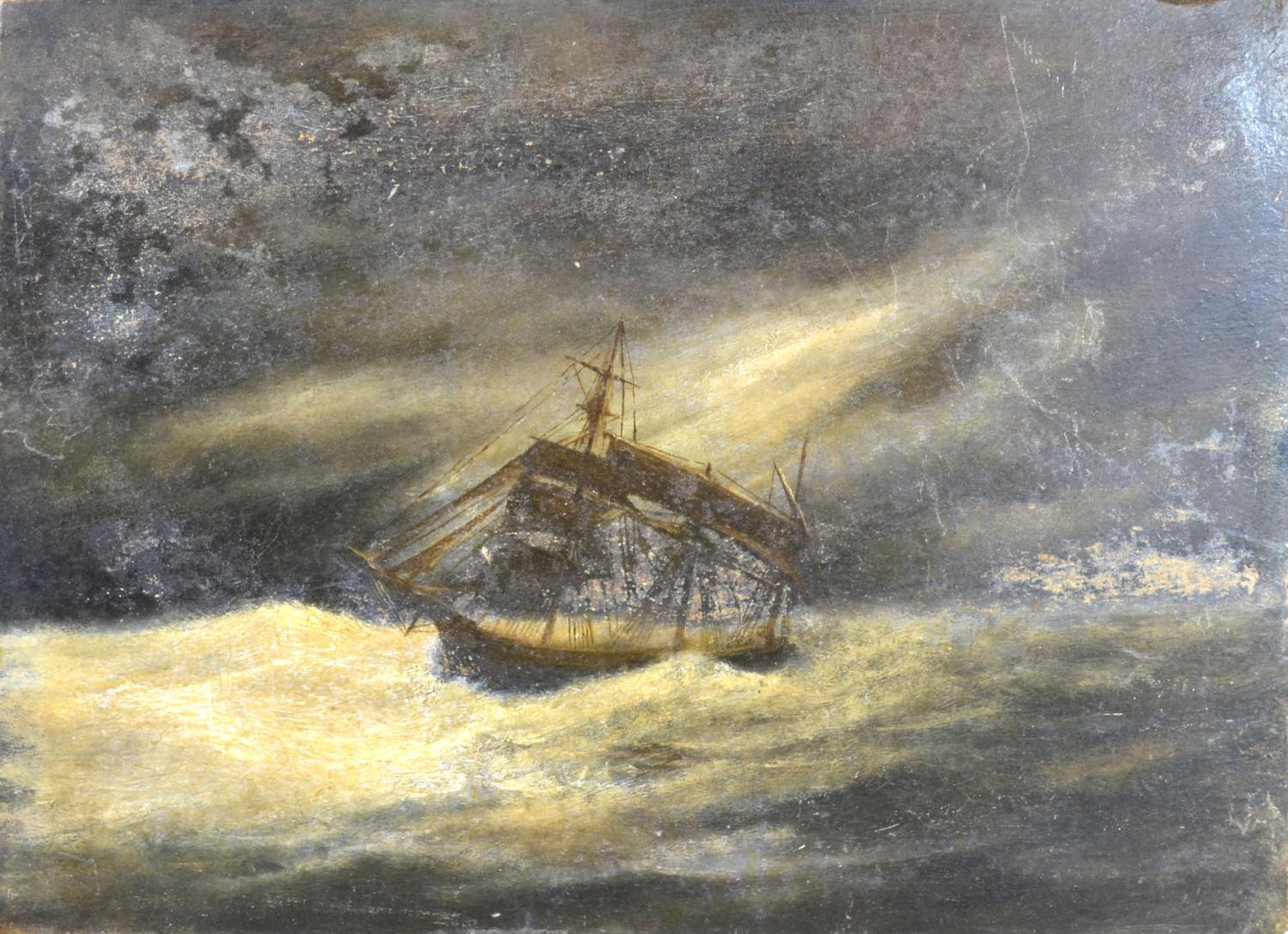 A 19th Century Oil on Tile 'Sailing Ship in a Rough Sea' 20 x 26 cms