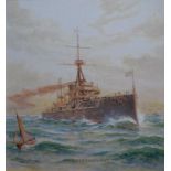 John Halliday HMS Dreadnought watercolour, signed, 24 x 21 cms