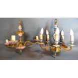 A Dresden Porcelain and Brass Five Branch Chandelier together with another similar three branch