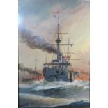 Harold Whitehead HMS Drake watercolour, signed, 65 x 43 cms