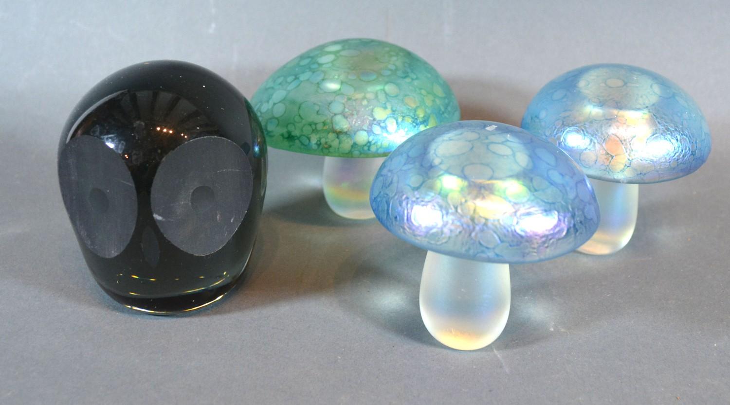Three Isle of Wight Glass Style Models of Toadstools together with a glass paperweight in the form