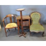 A Victorian Walnut Low Seat Drawing Room Chair together with an Edwardian tub shaped chair, a