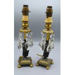 A Pair of French Patinated Bronze Table Lamps with facet cut glass drops, 30cms tall