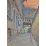 Lennard Lewis 'Cobbled Street Scene With Figure' watercolour signed 48 x 32 cms