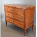 An Early 20th Century French Commode, the moulded top above three drawers with oval drop handles and
