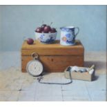 Martin Cooper 'Still Life Pocket Watch Bowl Of Cherries And A Box Upon A Map' oil signed and