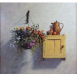 Martin Cooper 'Still Life Hanging Basket Of Flowers And Pine Wall Cabinet' oil signed and dated '