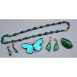 A 14ct Gold Malachite and Blue Stone Necklace together with a pair of matching drop ear studs, a