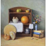 Martin Cooper 'Still Life Small Vase of Flowers On Three Books With Bread And Other Items On A