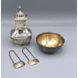 A Chester Silver Sugar Caster of Half Lobed Form together with a 925 silver bowl and two silver