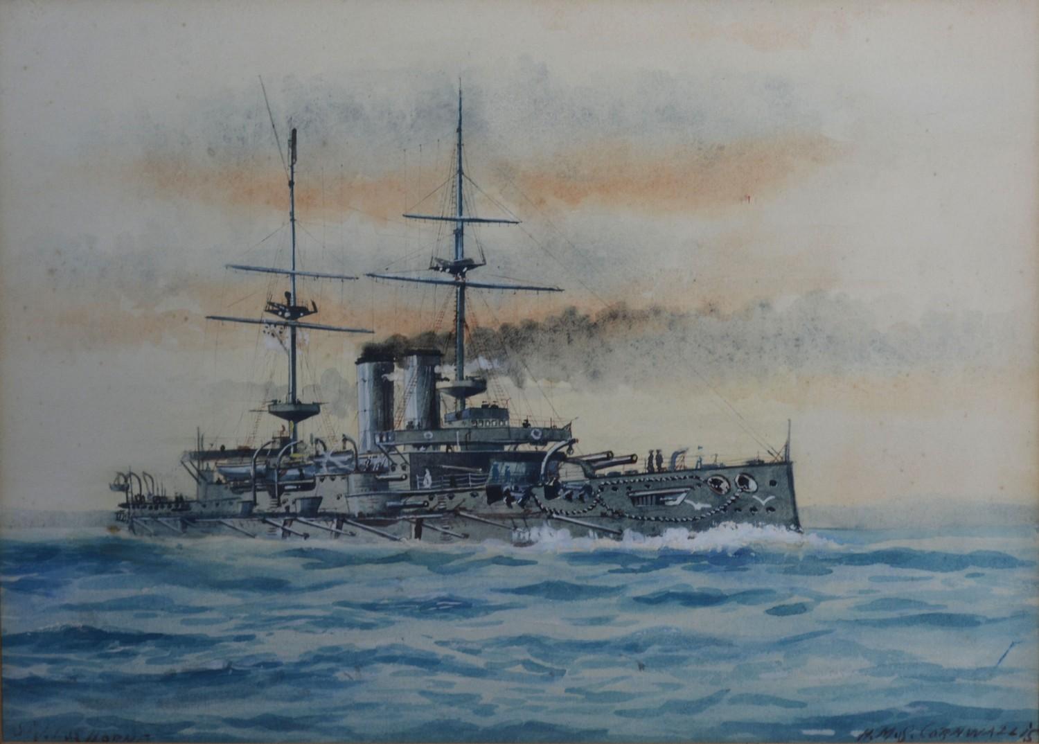 St. John Lennox Scott Horne HMS Cornwallis watercolour, signed, 26 x 36 cms