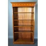 A Mahogany Satinwood Inlaid and Marquetry Inlaid Open Bookcase, the moulded cornice above an