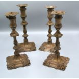 A Set of Four Edwardian Silver Candlesticks in the 18th Century Style each with a knopped stem and