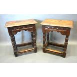 A Pair of Early Oak Joined Stools the moulded tops above a carved frieze raised upon carved legs