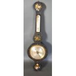 A 19th Century Ebonised Painted and Mother of Pearl Inlaid Wheel Barometer Thermometer