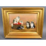 Bessie Bamber 'A Study Of Five Kittens With Basket' oil on canvas signed with initials, 16.5 x 24