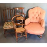 A 19th Century Child's High Chair together with a Victorian side chair, a cane seat bedroom chair