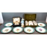 A Set of Six Victorian Plates, hand painted with flowers and with turquoise and gilded border