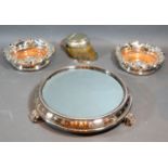 A Pair of Silver Plated Bottle Coasters together with a plated cake stand and hoof inkwell