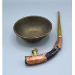 A Persian Copper and Brass Pipe set coral and turquoise together with a similar Persian bowl