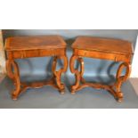 A Pair of 18th Century Style Walnut Side Tables, the moulded crossbanded tops above a frieze