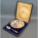 A Sheffield Silver Bowl and Spoon retailed by Harrods within original fitted case 9ozs.